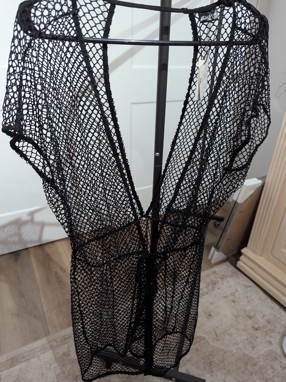 Black Sheer Mesh Swim Cover-Up with Tie Waist